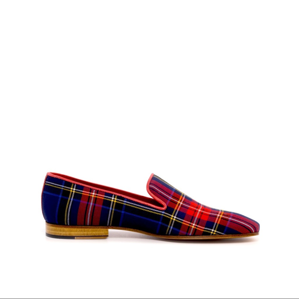 Blue and red tartan print slip on loafers